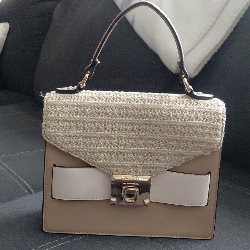 ALDO Beige and Cream Straw-Top Satchel with Gold Hardware